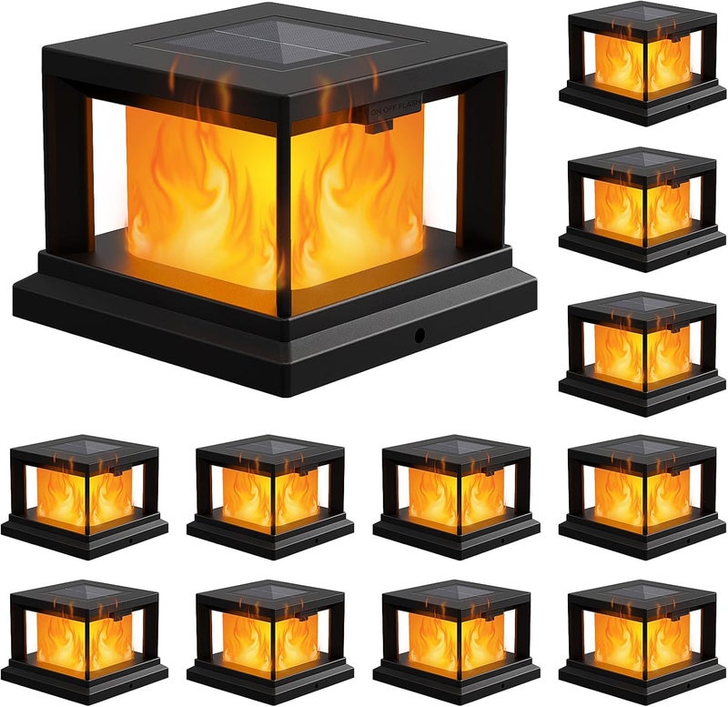 Brightever Solar Post Cap Light Outdoor with Flickering Flame, Waterproof Solar Powered Deck Cap Lights for 4x4 Wooden/Vinyl Post, Black High Brightness SMD LED Fence Halloween Lighting for Yard, Patio, 12-Pack - Image 1